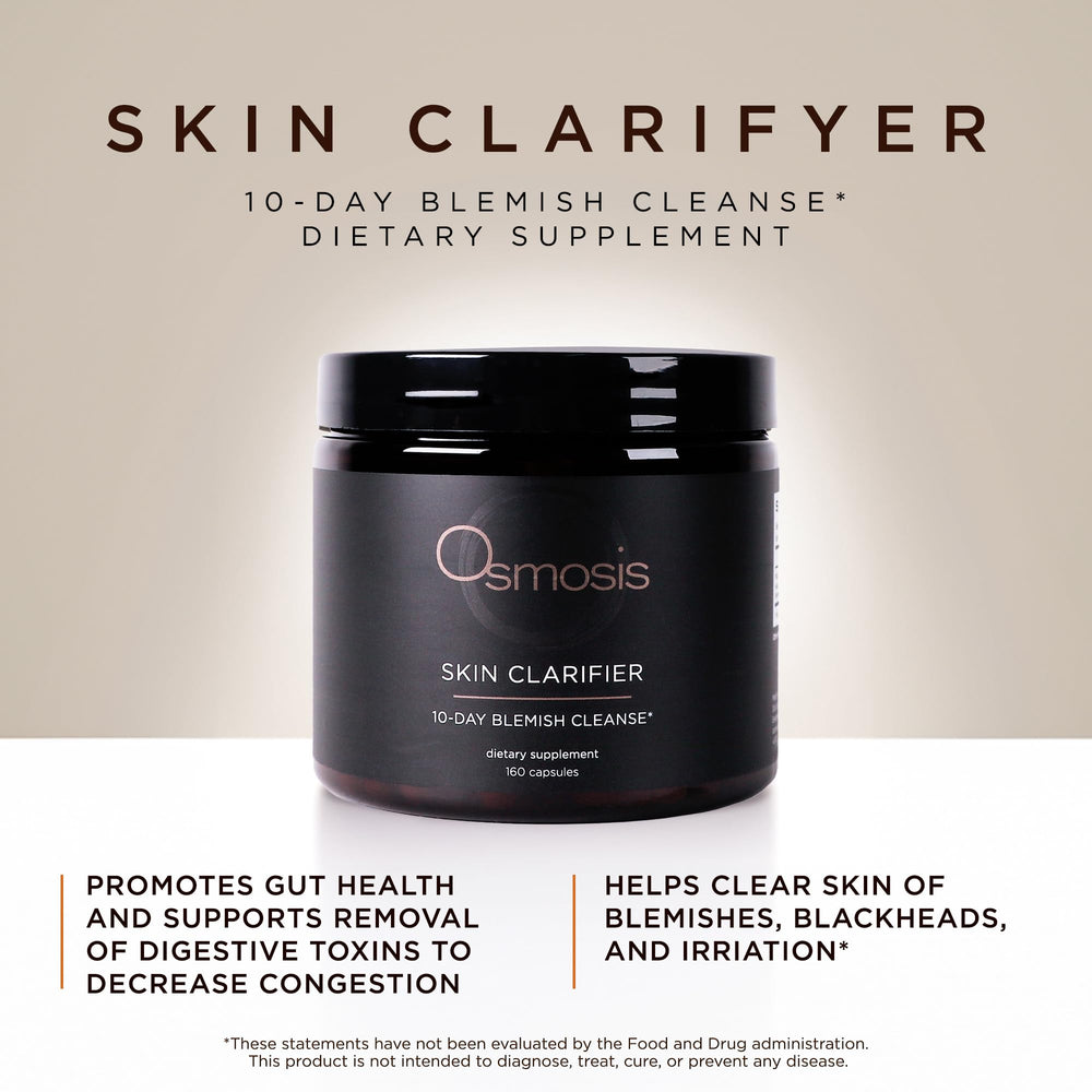 Osmosis Skin Clarifier capsules close-up highlighting a vegan, gluten-free formula.