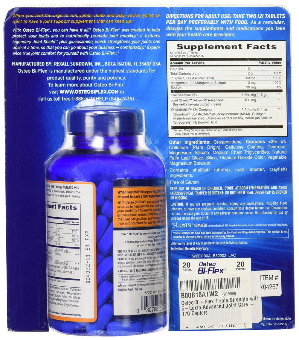 Osteo Bi-Flex Triple Strength bottle back with ingredients and directions.