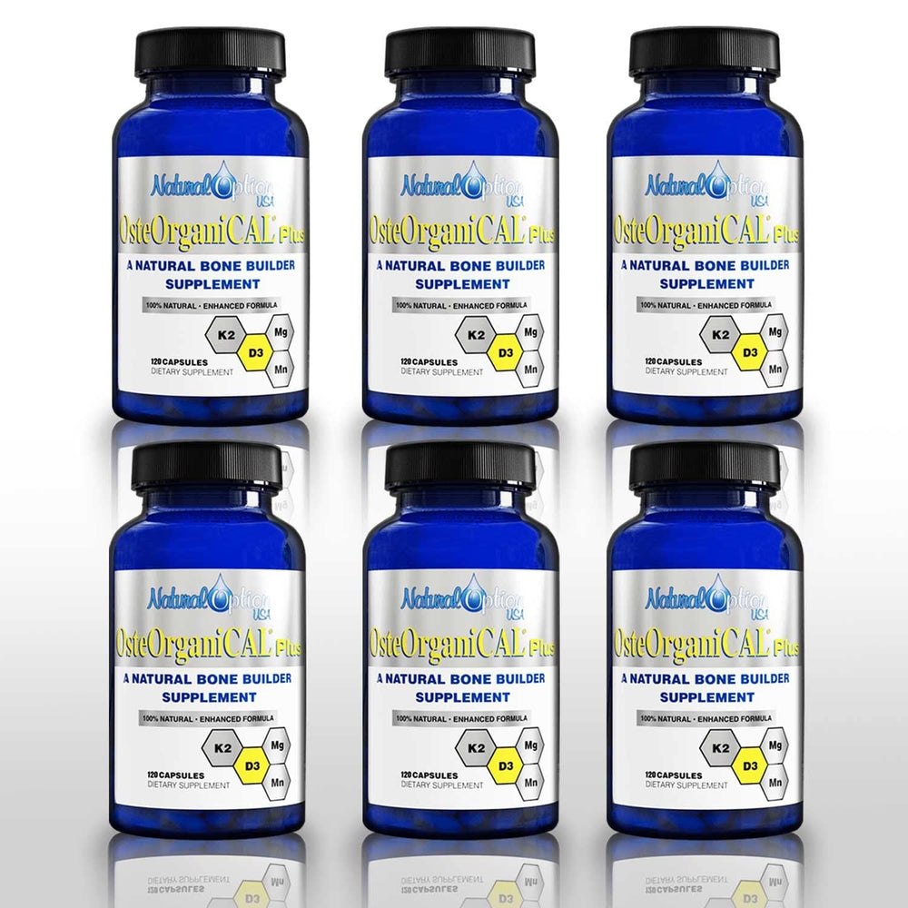 Osteorganical Plus bottle front showing plant-based calcium and minerals for bone support