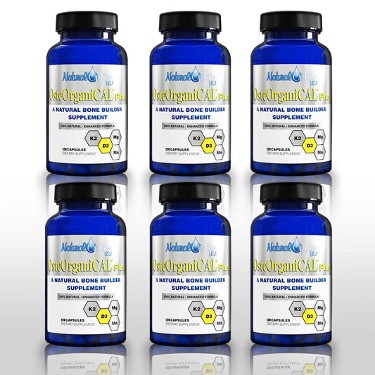 Osteorganical Plus bottle front showing plant-based calcium and minerals for bone support