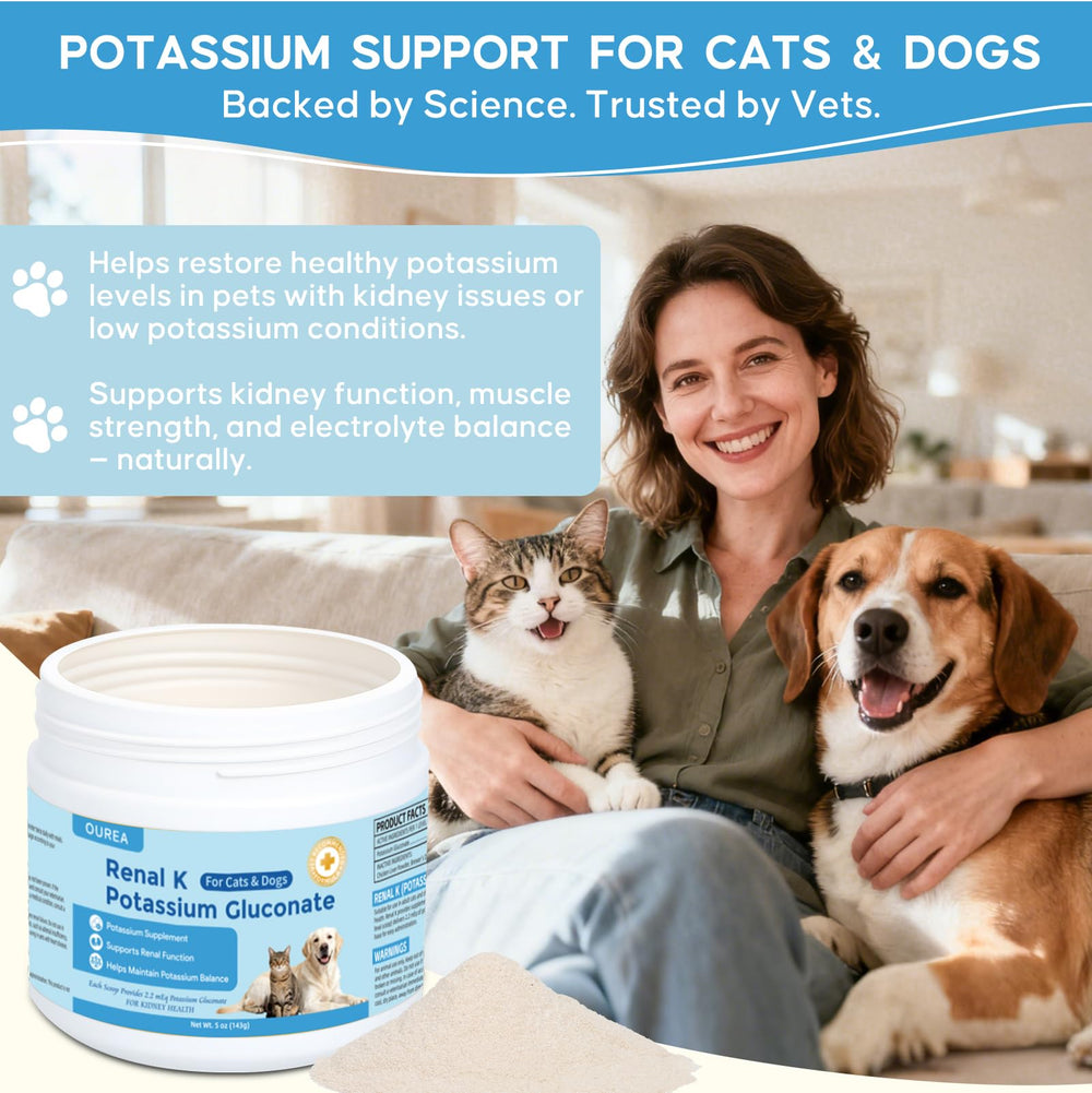 Ourea Renal K mixed into pet food during mealtime for energy support.