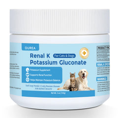 Ourea Renal K powder container with scoop for kidney support in pets.