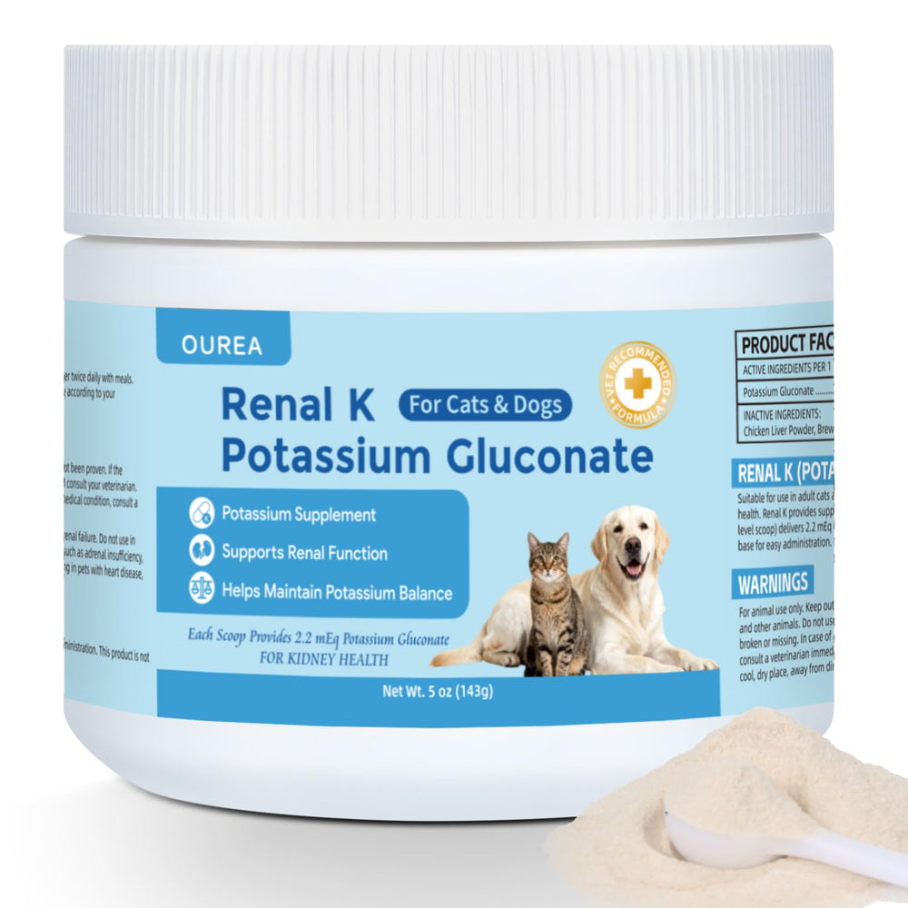 Ourea Renal K powder being sprinkled onto pet food during a meal.