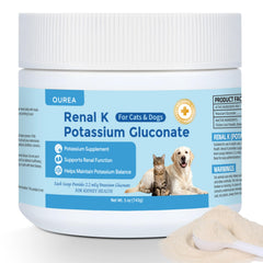 Ourea Renal K powder being sprinkled onto pet food during a meal.