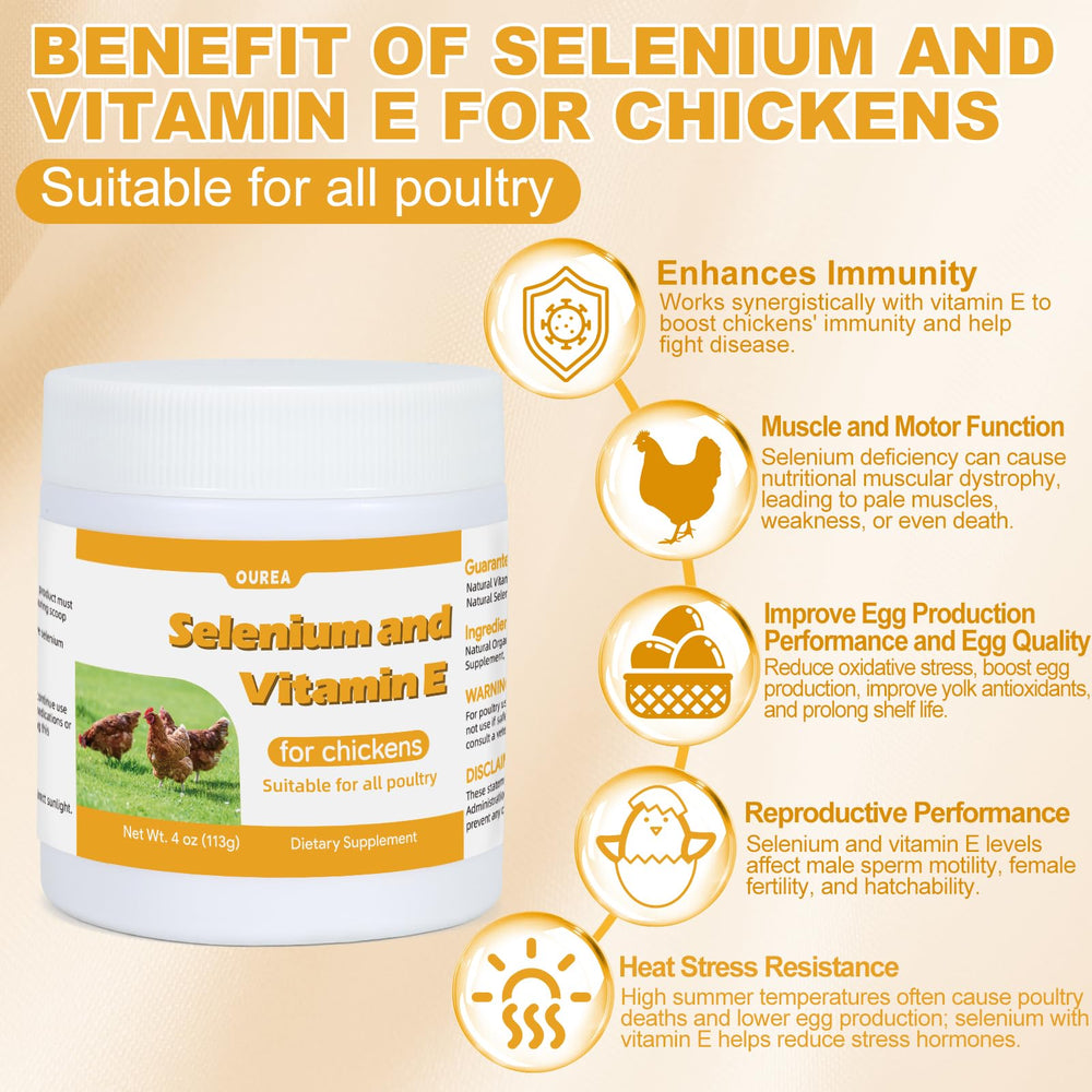 Ourea selenium and vitamin E powder for chickens with dosing spoon enables even feed mixing