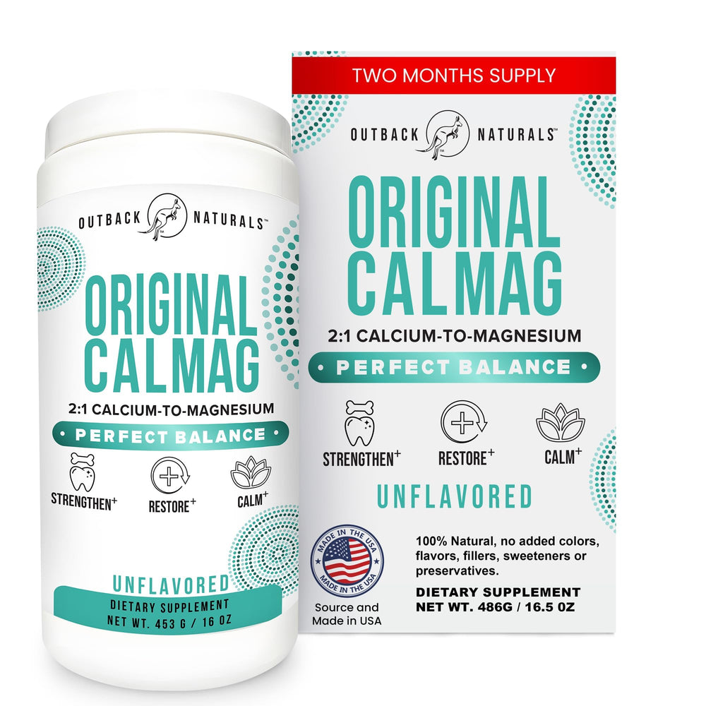 Outback Naturals 2:1 calcium-magnesium ratio powder ready to dissolve for quick hydration.