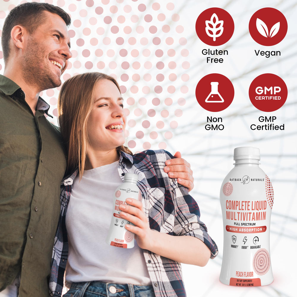 Outback Naturals Complete Liquid Multivitamin peach flavor image conveys tasty, sugar-free taste
