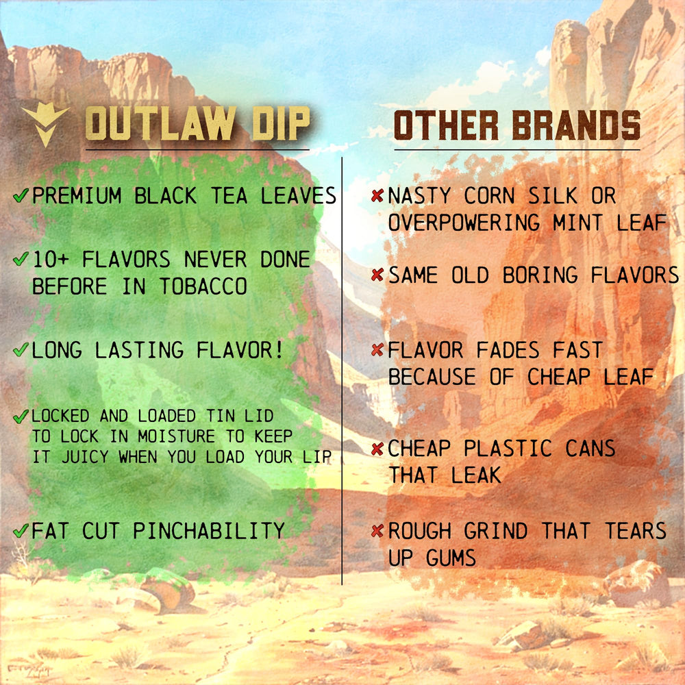 Outlaw Dip Killer Vaniller NiC-Safe flavor lineup display for diverse tobacco-free options.