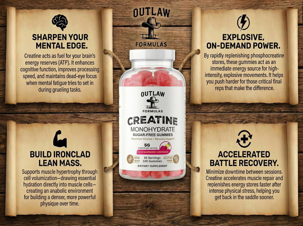 Outlaw Formulas Creatine Monohydrate Gummies label shows 5g per serving