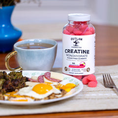 Outlaw Formulas Creatine Monohydrate Gummies packaging highlights sugar-free sour raspberry lemonade flavor