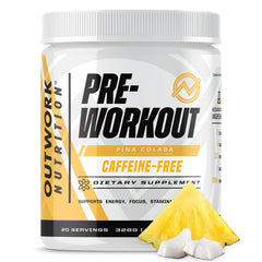 Outwork Nutrition non-stim pre-workout tub showing stimulant-free energy for longer sessions.