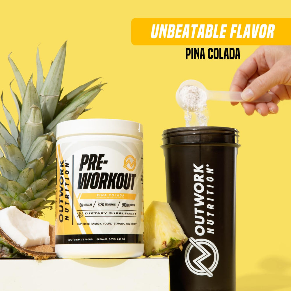 Outwork Nutrition preworkout pina colada glass and shaker setup.