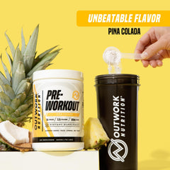 Outwork Nutrition preworkout pina colada glass and shaker setup.