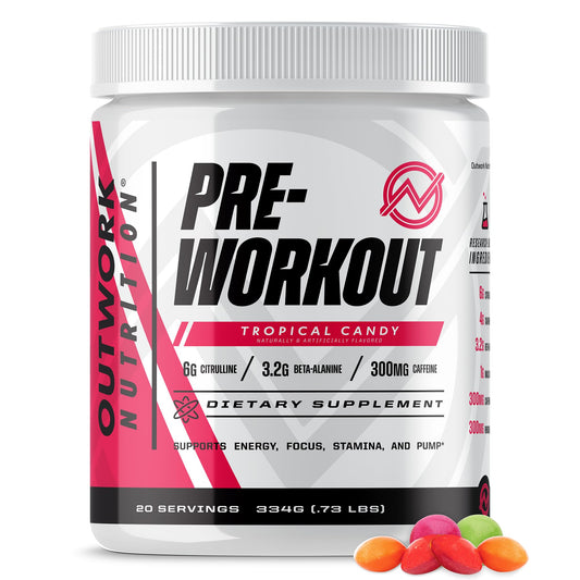 Outwork Nutrition preworkout bottle in Tropical Candy flavor energizes workouts.
