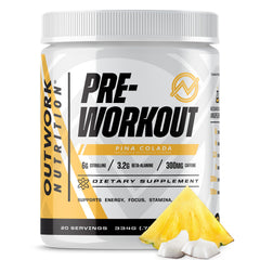 Outwork Nutrition preworkout tub front view showing the product in a clean package.