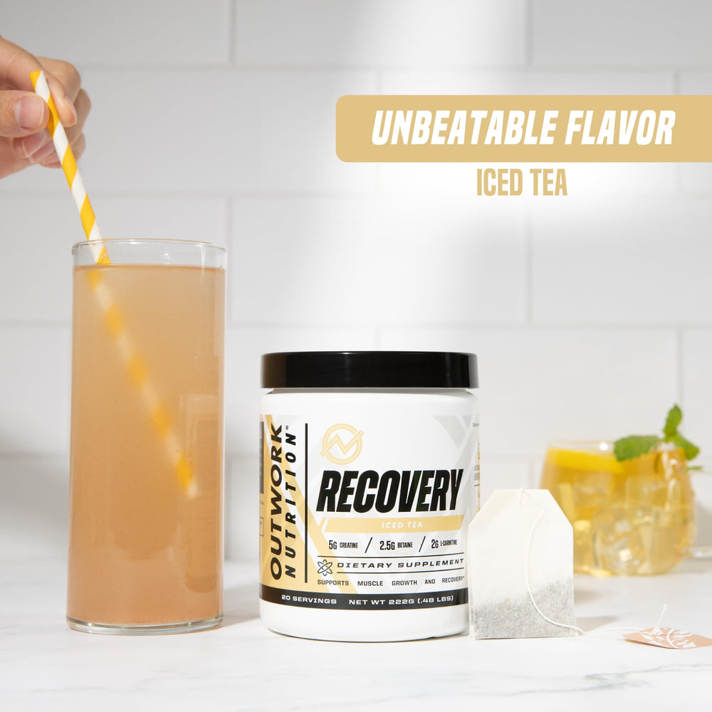 Outwork Nutrition tart cherry powder bag highlights reduced soreness and quicker downtime.
