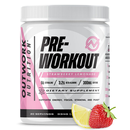 Outwork Nutrition preworkout tub labeled strawberry lemonade for convenient flavor during workouts.