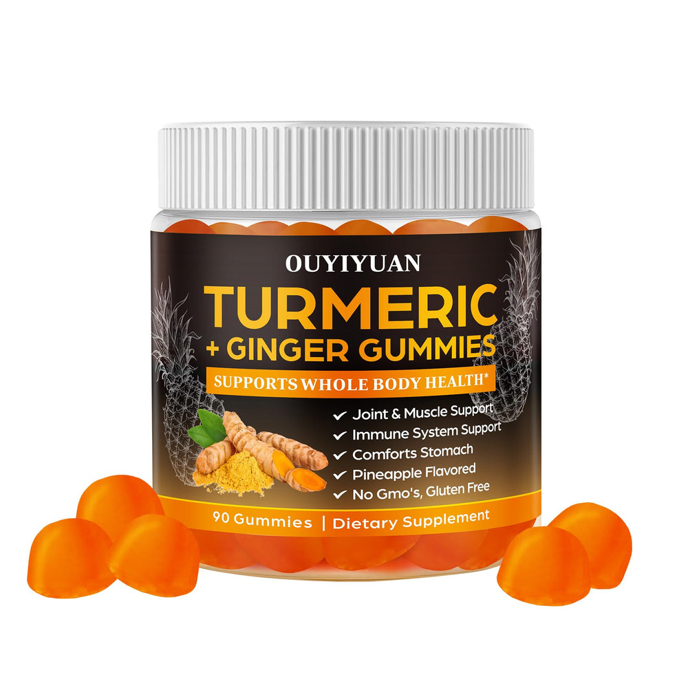 OUYIYUA Turmeric Gummies bottle front with pineapple flavor, supporting joint mobility and immune resilience.