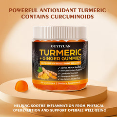 OUYIYUA Turmeric Gummies on gym bag ready for post-workout support and immune resilience.
