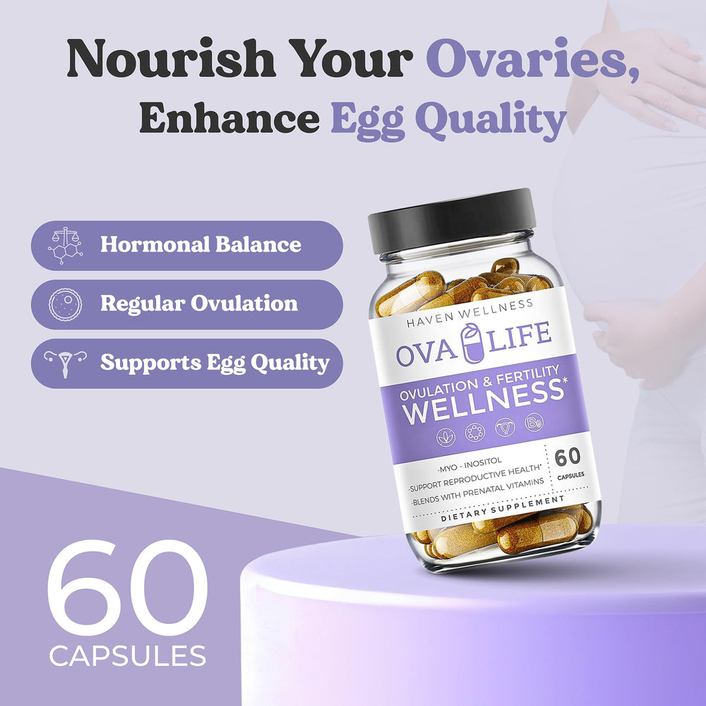 Ovalife ovarian support capsules aiding egg health and regular cycles.