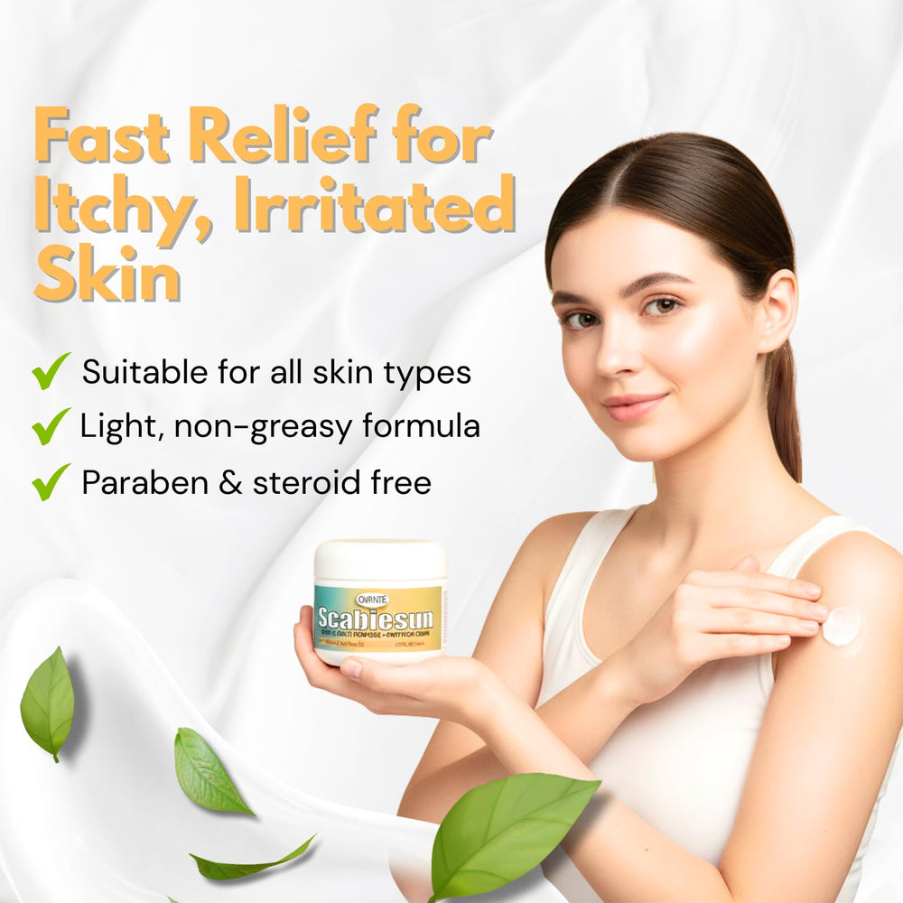 Ovante Scabiesun ingredients close-up highlights tea tree oil and vitamin C.