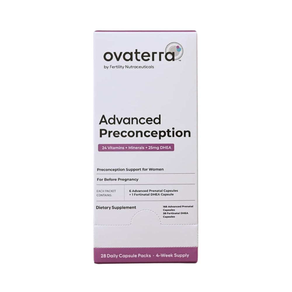 Ovaterra Advanced Preconception bottle front showing broad nutrient support for preconception health