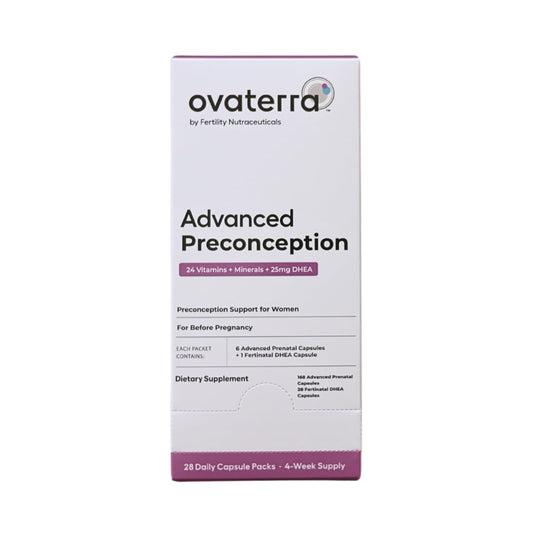 Ovaterra Advanced Preconception bottle front showing broad nutrient support for preconception health