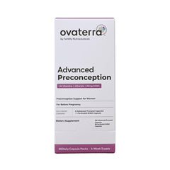 Ovaterra Advanced Preconception bottle front showing broad nutrient support for preconception health