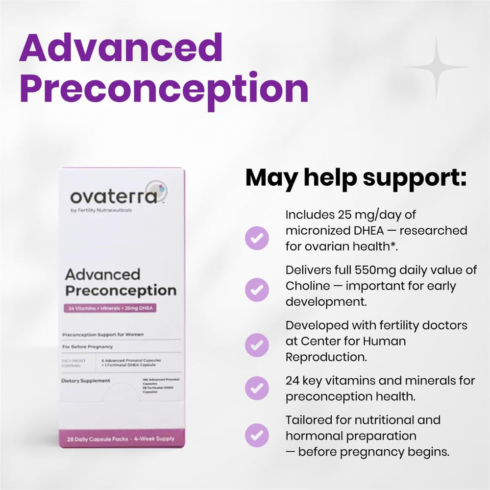 Ingredients list from Ovaterra Advanced Preconception showing 24 essential vitamins and minerals