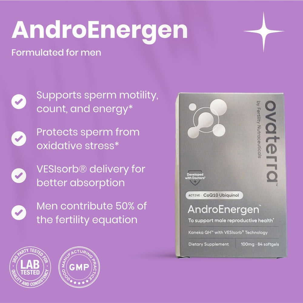 Ovaterra AndroEnergen softgel closeup emphasizing premium ubiquinol formulation.
