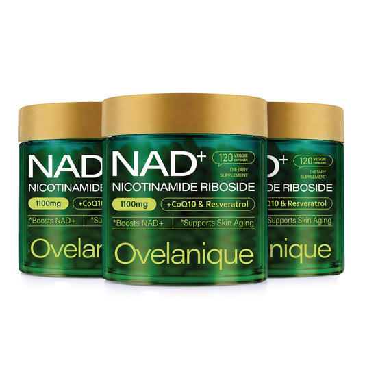 Ovelanique NAD supplement bottle promotes daily vitality and energy support.
