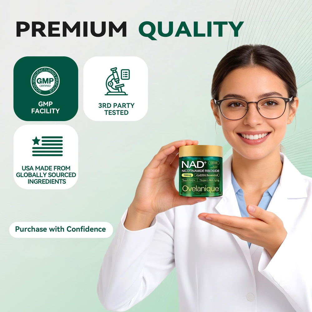 Ovelanique NAD bottle with resveratrol and quercetin phytosome for cellular energy.