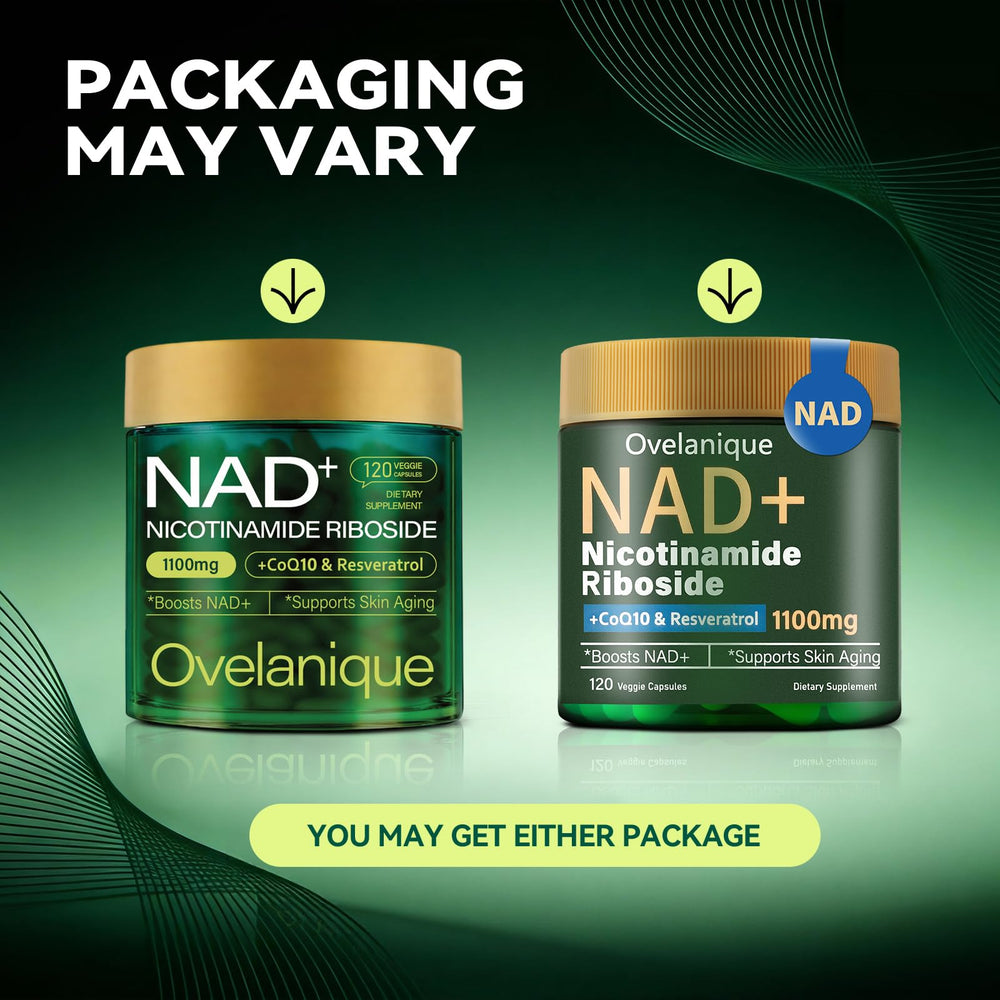 Ovelanique NAD bottle features resveratrol and quercetin phytosome for synergy.