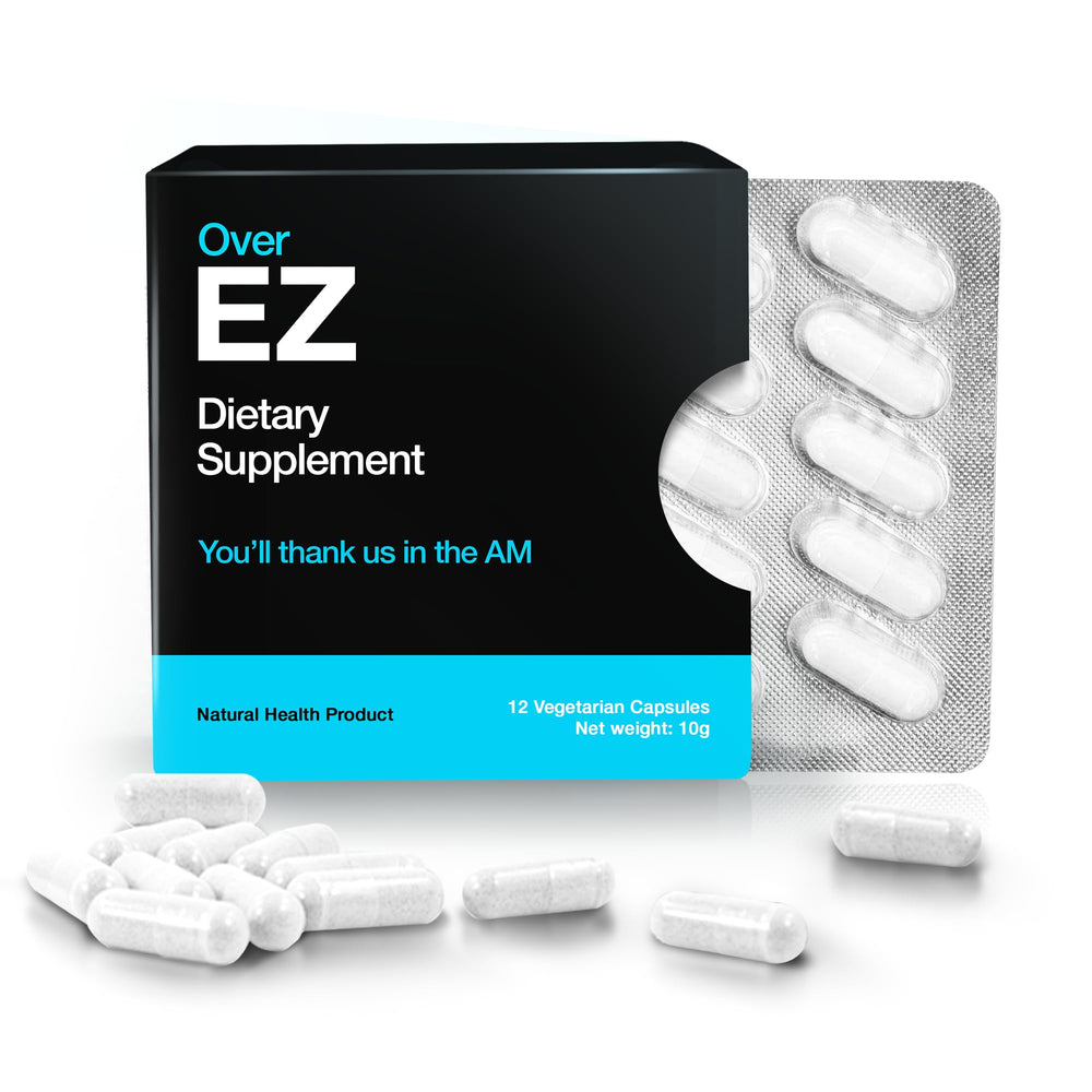 OVER EZ pre-drink supplement bottle shown for post-night-out refresh and energy support