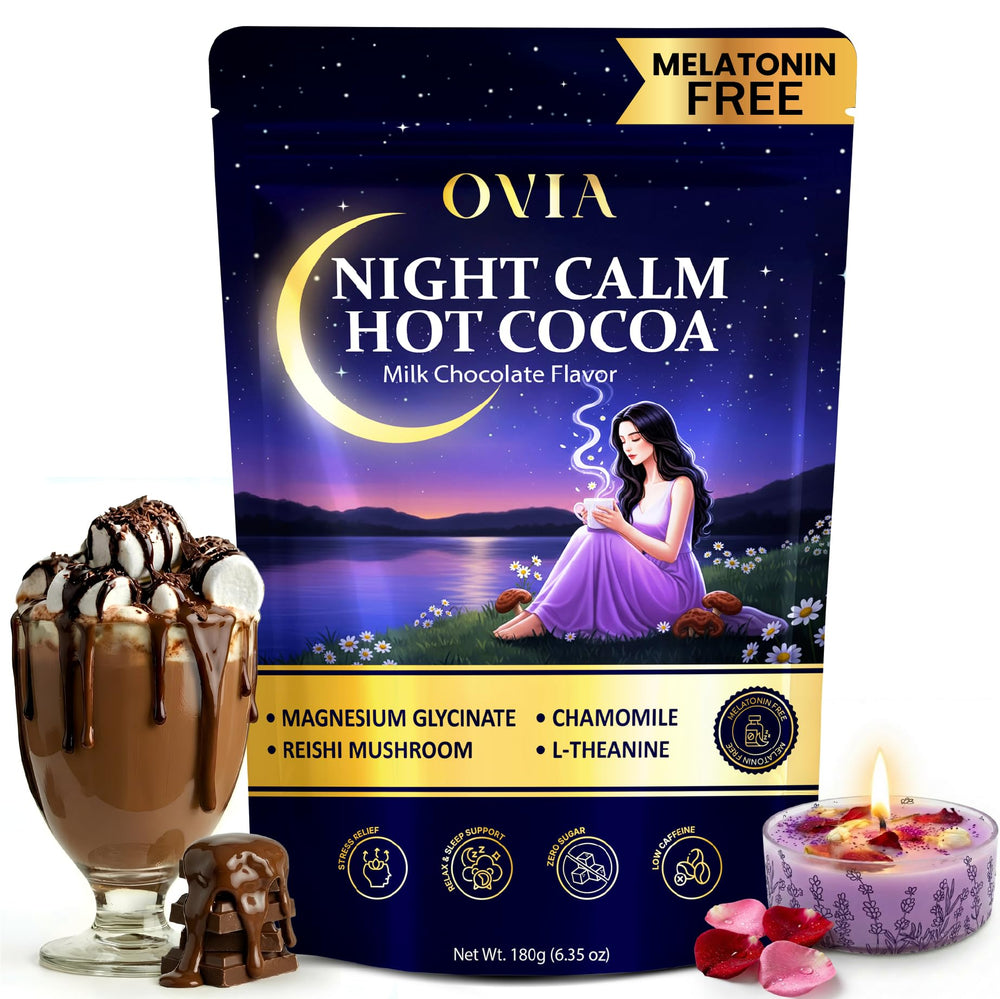 OVIA Night Calm bag label highlights a melatonin-free sleep ritual.