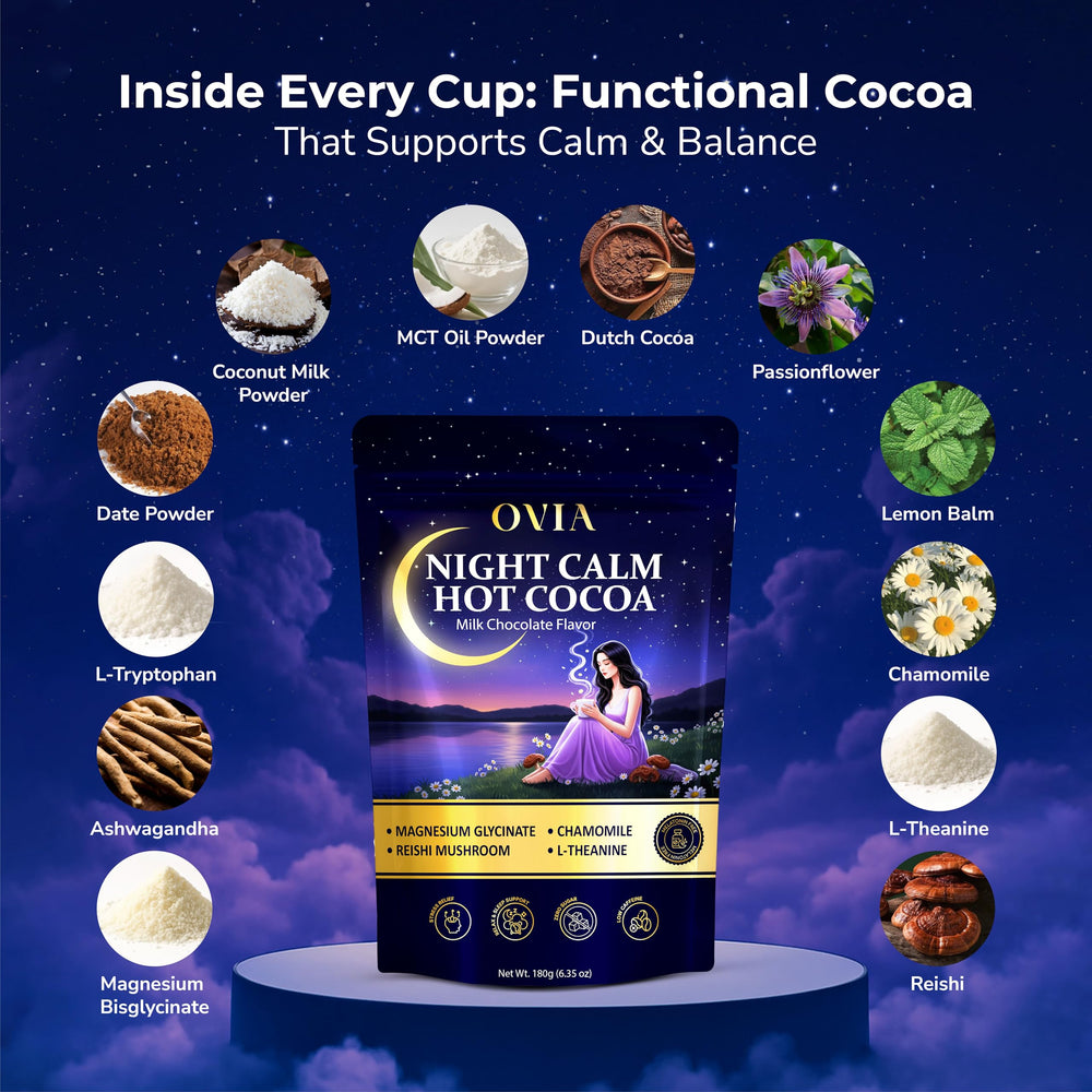 OVIA Night Calm mug with steaming cocoa ready for wind-down.