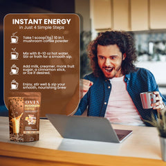 OVIA mushroom coffee cup suggesting mindful energy and digestion support.
