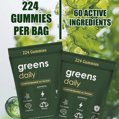 Oviaapo Greens Gummies packaging shows gluten-free, nut-free, dairy-free options