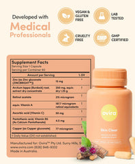 Ovira Skin Clear capsules close-up highlighting zinc and vitamin blend for clear skin support.