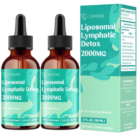 owegel Liposomal Lymphatic Drops bottle with pour, showing easy daily dosing.