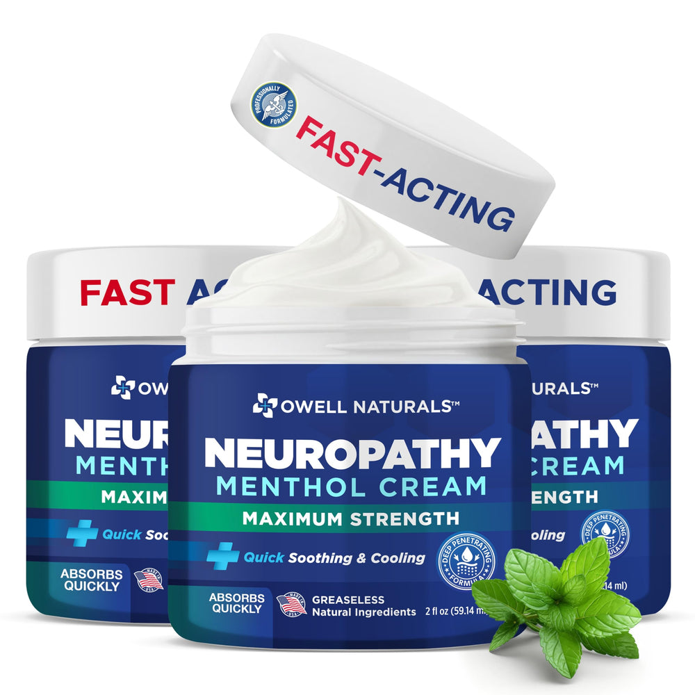 Owell Naturals Neuropathy Cream bottle showing fast absorption for feet.