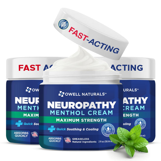 Owell Naturals Neuropathy Cream bottle showing fast absorption for feet.