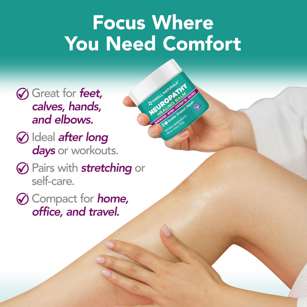 OWELL NATURALS Neuropathy Healing Balm ingredients include coconut oil for hydration and beeswax retention.