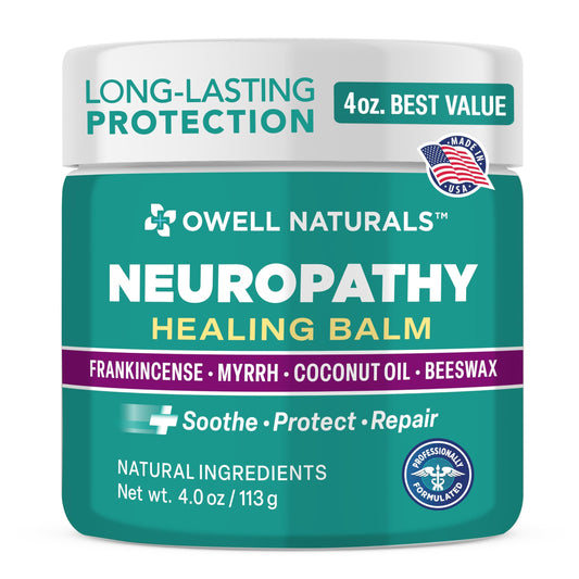 OWELL NATURALS Neuropathy Healing Balm packaging highlights clean branding and USA-made quality.
