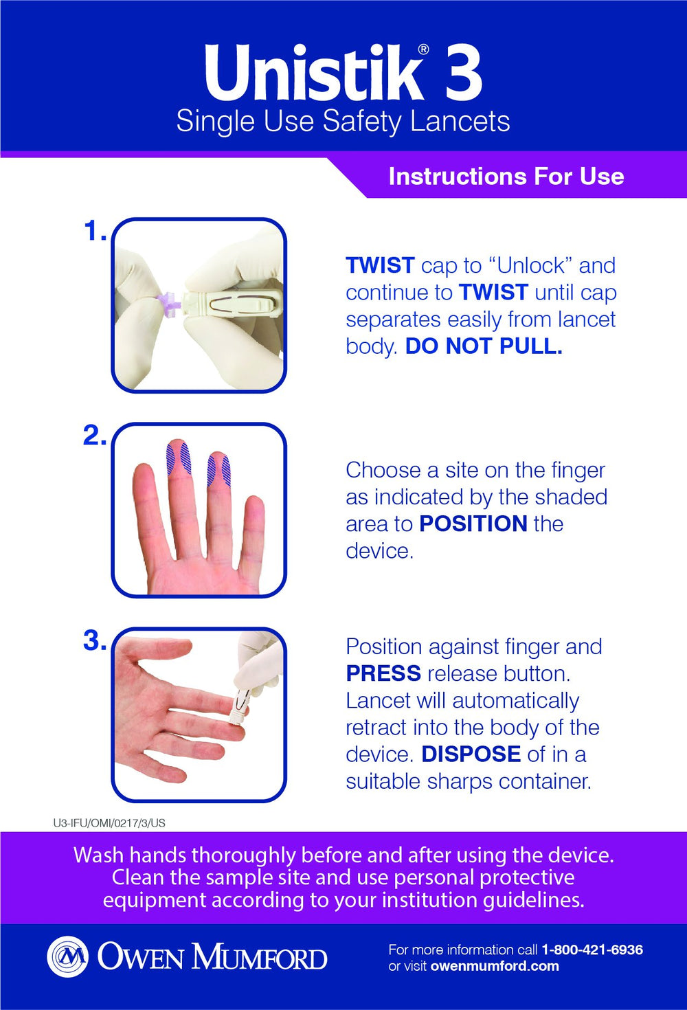 Owen Mumford Unistik 3 normal lancet automatic needle retraction helps prevent accidental sticks in testing.