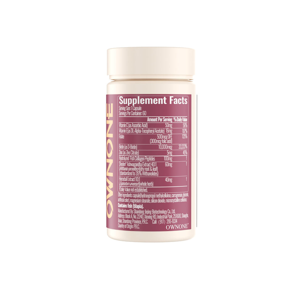 OWNONE Biotin capsule close-up showing high-potency supplement for hair.