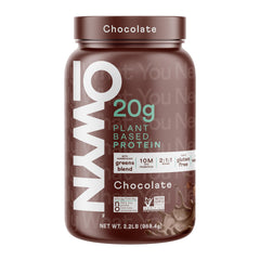 OWYN chocolate protein powder jar front; dairy-free plant protein.
