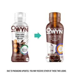 OWYN vanilla shake pour demonstrates creamy consistency ideal for post-workout refuel