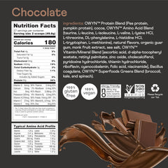 OWYN Pro Elite chocolate powder label emphasizing allergen-free options for sensitive diets.