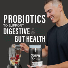 Front view of OWYN Pro Elite packaging highlighting dairy-free and gluten-free attributes.